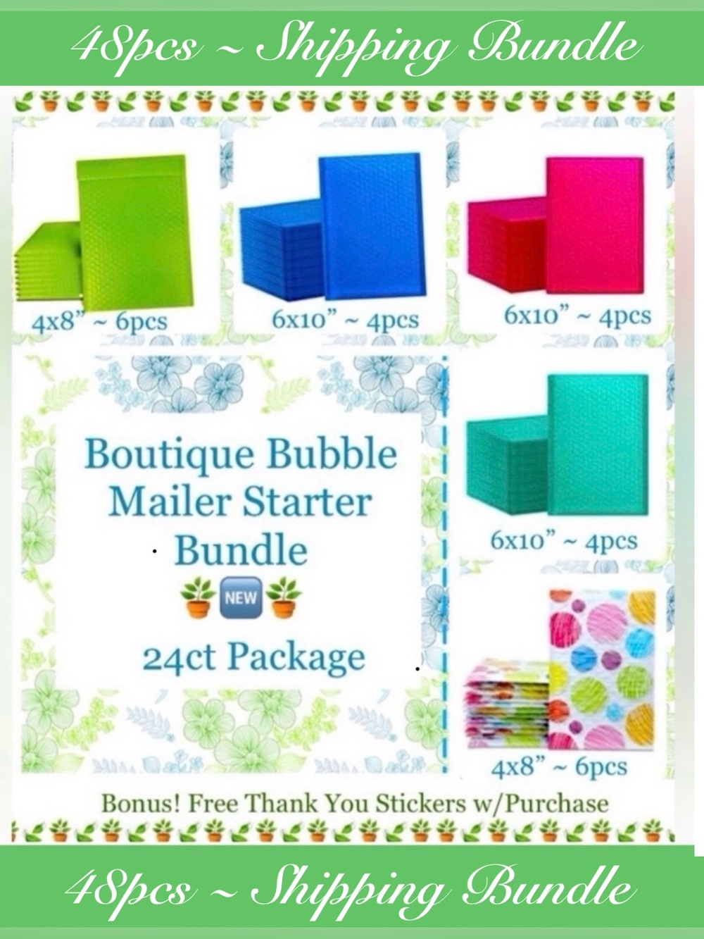 48pcs Set ~Includes 24 Assorted Bubble Poly Mailers & 24 “Thank You” Stickers 🆕